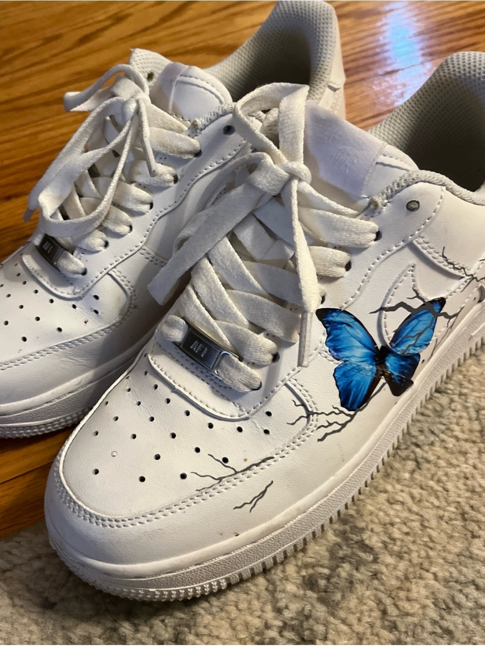 Nike Womens Air Force 1 Low Custom Blue Butterfly White Sneakers Size 6